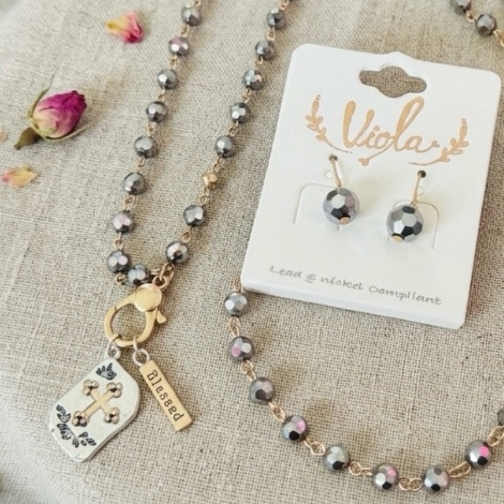 Cross & Blessed Charms Bead Necklace & Earrings Set 🤍